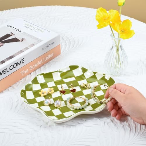 Koythin Jewelry Tray, Ceramic Jewelry Dish Trinket Tray Organizer, Checkered Pattern Aesthetic Decorative for Kitchen, Bathroom (Green Plaid) - color: Green Plaid