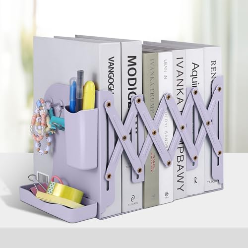 Honagu Adjustable Bookends, Metal Book Ends for Shelves Heavy Book, Bookend for Home, Office, Books, Papers, Book Stopper with Removable Hook, Pen Holder, Gifts for Students, Teachers（Light Purple） - color: Light Purple