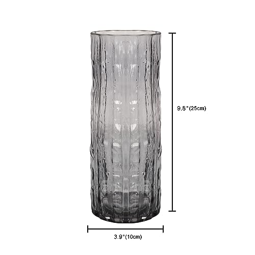 9.8 Inch Black Glass Vase, Glacier Glass Flower Vase, Boho Cylinder Ribbed Vase for Centerpiece, Living Room, Kitchen, Bookshelf, Dinner Table