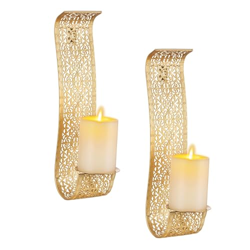 Sziqiqi Gold Candle Sconces Wall Decor Set of 2 - Rustic Pillar Wall Candle Holder for Farmhouse Vintage Hallway Wall Decor Decorative Bathroom Metal Candle Sconces - color: Matte Gold