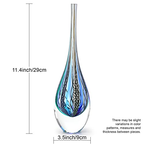 Ca D Oro Small Drop Glass Vase Boho with Blue/Green Canes Hand Blown Murano-Style Art Glass - Model Tall - color: Blue