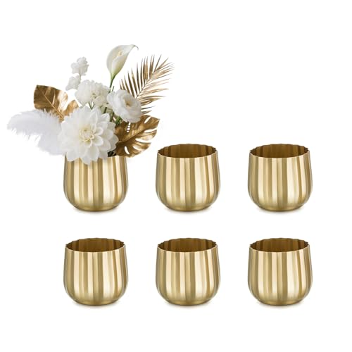 Gold Vases Compote Centerpiece Planter: 4" Ribbed Metal Vase Small Compote Bowl Planter Pot with Drainage Hole for Wedding Table Centerpiece Indoor Plants Set of 6 - color: Style 2#, size: 3.9in Tall-6pcs
