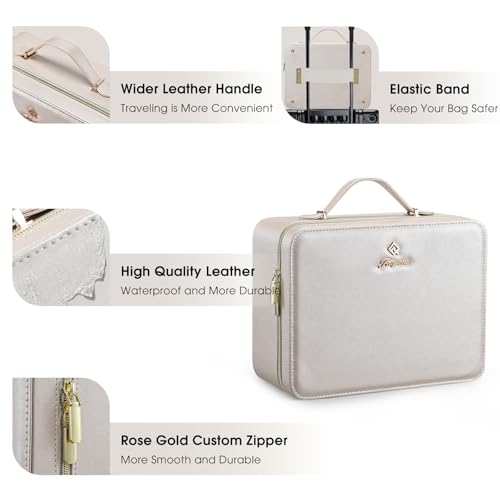 Faquenc Leather Makeup Case with LED Lighted Mirror 11.4 Inch Travel Makeup Bag Adjustable Brightness in 3 Colors Cosmetic Organizer Artist Storage Bag with Dividers Brush Holder Bag Vanity Pale Gold - color: WA-Pale Gold 11.4 Inch, size: 2-Medium