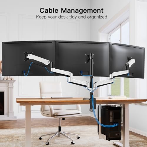 HUANUO Triple Monitor Stand - Full Motion Articulating Monitor Mount Fit Three 17 to 32 inch LCD Computer Screens with Clamp, Grommet Kit - color: White