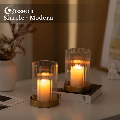 Glasseam Hurricane Glass Candle Holder: Gold Pillar Candle Holders Set of 2 Ribbed Glass Cylinder Covers with Metal Candle Tray Modern Candle Holders for Table Centerpiece Living Room Decorations - color: Gold