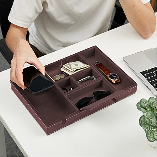 Baoyun Mens Nightstand Organizer, Leather Valet Tray for Men, EDC Catchall Tray with Phone Charging Station, Dresser Top Organizer, 6 Compartments Entryway Valet Box for Wallet, Keys, Phone - color: Single layer-Brown