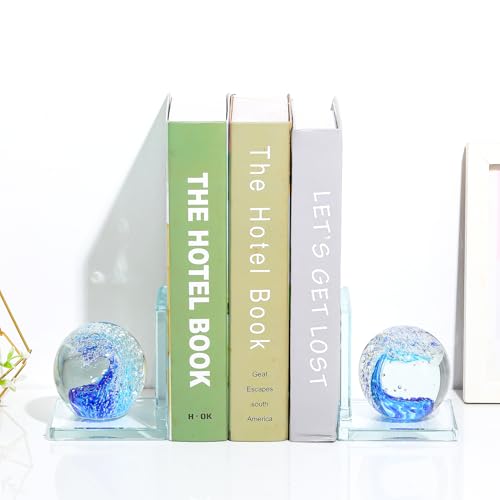 Arikyrist 1 Pair Crystal Bookends for Heavy Books with Hand Blown Ocean Waves Ball Glass Decorative Non Skid Bookends for Bookshelf Office Home (Blue) - color: Blue