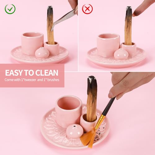 Palo Santo Sticks Holder, Multi-Purpose Handmade Ceramic Incense Burner for Palo Santo Incense Sticks, Sage Holder for Burning, Ash Catcher Tray for Meditation Yoga Room (Pink) - color: Pink