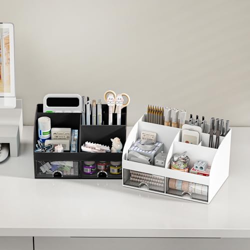 COMFYROOM Desk Organizer with 6 Compartments and 2 Drawers, Plastic Makeup Organizer, Pen Holder for Desktop Storage, Desk Organization for School, Home, Office Supplies (Black) - color: Black