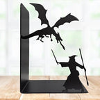 Decorative bookends for Shelves, 7 Inch Tall Heavy Metal Bookends, Unique Bookends, Non Skid Book Ends, Book Stopper for Home/Office Decor/Shelves, Wizard and Dragon Design, Black, 3lb