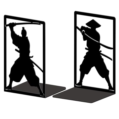Peacoblue Metal Bookends for Shelves, Modern Decorative Heavy Duty Study Book Ends Stoppers for Office, Desk, Shelf, Room 5.3"x4.3"x7.9" Cast Iron Simple Tall Bookends 1 Pair (Japanese Samurai) - style: Japanese Samurai
