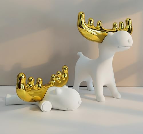 Modern White Resin Deer Figurine with Gold Antlers – 7.48 x 69 x 7.72 Minimalist Animal Sculpture for Home & Desk Decor(Standing/Reclining Style) - size: H 7.72 in White A