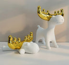 Modern White Resin Deer Figurine with Gold Antlers – 7.48 x 69 x 7.72 Minimalist Animal Sculpture for Home & Desk Decor(Standing/Reclining Style) - size: H 7.72 in White A