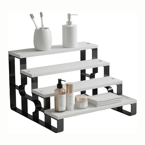 4-Tier Cologne & Perfume Display Shelf, 11.2" Wide White Wood Step Organizer, Makeup Organizer & Spice Rack for Bathroom Countertop, Bedroom Dresser & Kitchen - color: White, size: 4 Tiers-width=11.2"