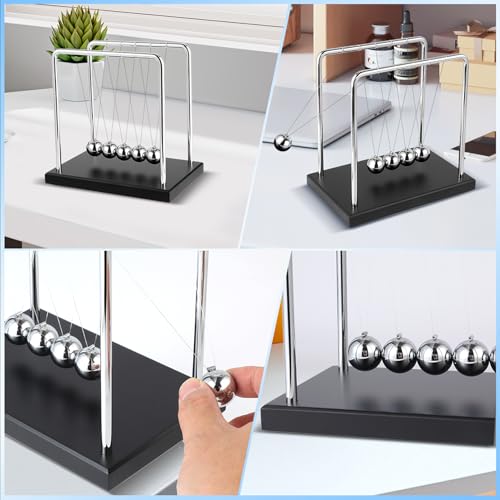 Fun Science Physics Toys Black Large Newton's Cradle Pendulum Balance Balls 5 Beads Perpetual Motion Desk Toy Wooden Base Balance Balls for Office and Desk Decorations