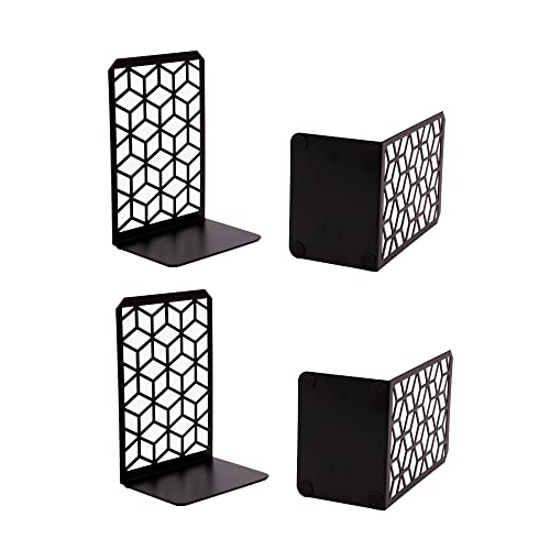 Geomod 3D Cube Black Metal Bookends Decorative for Heavy Books - Sturdy Boho Book Stops - Minimal Book Shelf Stopper - Durable Office Bookends - Weighted Metal Book Holders - 7x4.75 Inches - 2 Pair - color: Black, size: 2 Pairs, style: 3D Cube