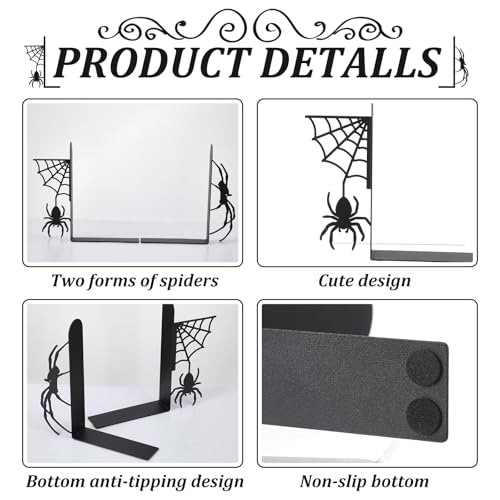 Geelin Creepy Spider Metal Bookends Set of 2 Styles Gothic Black Spider and Web Book Ends for Shelves Scary Home Office Desk Bookshelf Decor Gift for Book Lovers Reading Enthusiasts - style: Spider