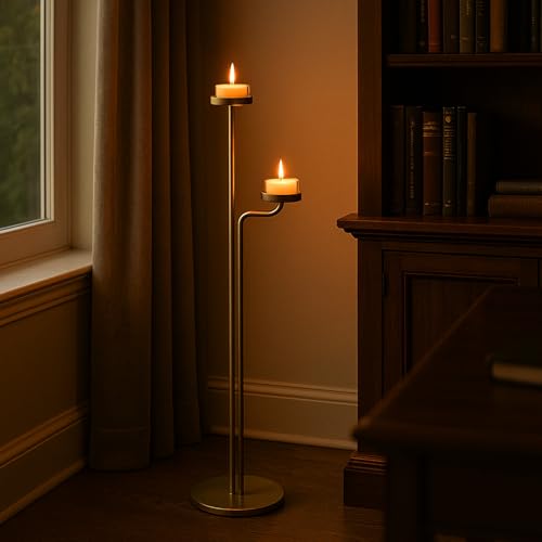 Smtyle Gold Standing Candelabra, Dual-Tier Sculptural Metal Floor Candle Holders for Wedding, Home Decor, Holiday, and Birthday Party