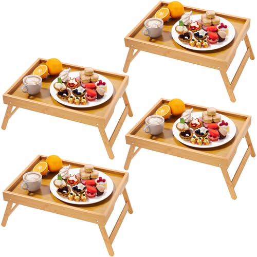 Fibogollo 4 Pack Bamboo Bed Tray Table with Folding Legs,Breakfast Trays,Serving Tray for Food and Snack,Laptop Trays for Working(Natural) - color: Natural, size: 4 PC
