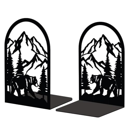 Peacoblue Metal Bookends for Shelves, Modern Decorative Heavy Duty Study Book Support Stoppers for Office, Desk, Shelf, Room 5.3"x4.3"x7.9" Cast Iron Bookends, 1 Pair (Mountain and Forest with Bear) - style: Mountain and Forest with Bear