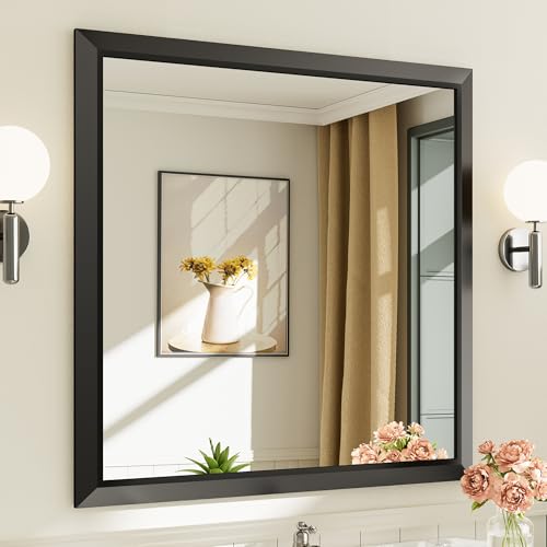 Briivue 36x36 Inch Black Bathroom Mirror for Wall, Thick Metal Framed Rectangle Mirrors for Over Sink, Bedroom, Living Room, Entryway, Anti-Rust, HD Tempered Glass - color: Black, size: 36"L x 36"W