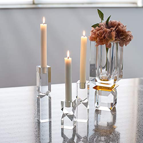 Crystal Candle Holders Set of 3, Clear Taper Candle Holder Decor, Table Centerpieces for Home Party and Wedding Decoration(3.9''/5.9''/7.9'' Height)