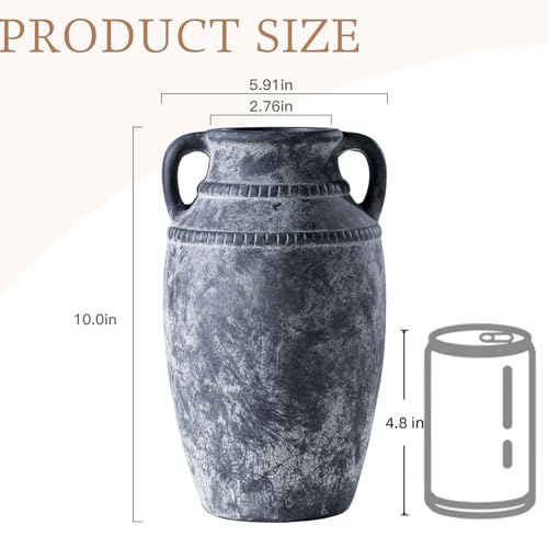 Lvases Farmhouse Rustic Ceramic Vase with Handles, 11 inch Gray-White Textured Modern Terracotta Vintage Vases for Home Decor Centerpieces Table Pottery Barn Furniture Decorative (Tall - C) - color: Gray+white, size: 6 in X 11 in