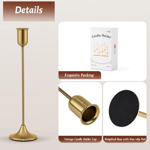 Candlestick Holders, Gold Metal Taper Candle Holders Set of 3, Handmade Heavy Base Brass Vintage Modern Decorative Table Centerpiece for Candlelight Dinner, Fireplace Mantel Wedding Housewarming Décor - color: Brass Gold