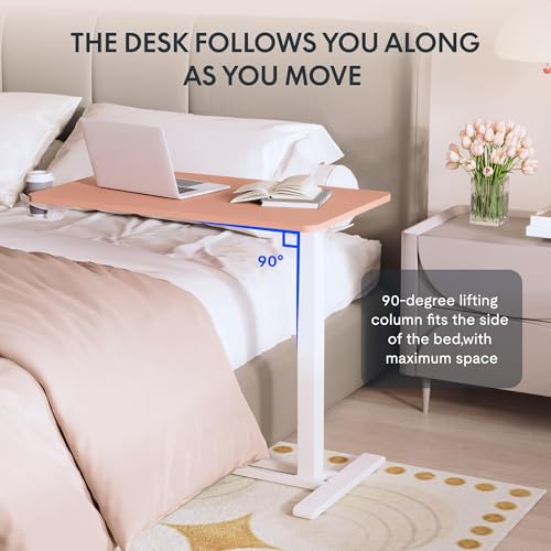 FLEXISPOT H7 Adjustable Overbed Bedside Table with Wheels Pneumatic Mobile Standing Desk Laptop Desk Rolling Computer Cart Movable Overbed Table Hospital Home Use(27.6" W x 15.7" D, Pink) - color: Pink, size: Small