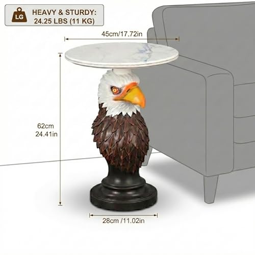 Bald Eagle Sculptural Side Table with Faux Marble Top, 17.72" Round Resin Animal End Table, Unique Eagle Statue Decor for Living Room, Office & Patio, Patriotic Housewarming Gift - color: Eagal Color