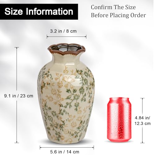 Green Vinatge Vase, Gorgeous Pastoral Octagonal Ceramic Flower Vase, Rustic Farmhouse Ice Cracked Large Chinoiserie Floral Vases for Home Decors, Cottage, Coffee Table, Bookshelf, 9.1 Inch - color: Pastoral Octagonal