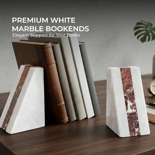 White Marble Bookend 6" - Book Stoppers for Bookshelves - Modern Decorative Marble Bookends for Home and Office, White - color: White