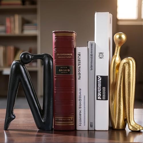 Modern Decorative Bookends,Gold and Black Book Ends for Heavy Books,Thinker Statue Decor,Book Holders for Book Shelves,Unique Office Desk Decorations, Bookshelf Decoration - color: Black and Gold