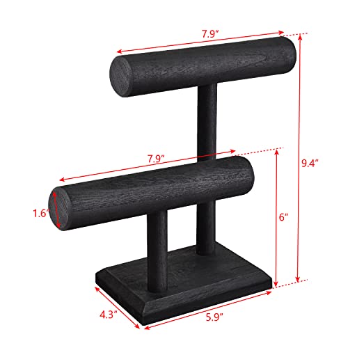 Ikee Design 2 Tier Wooden Jewelry Bracelet Watch Display Tower, Bangle Scrunchie Necklace Holder Storage Stand, 7.9 W x 4.3 D x 9.4 H in, Black Color - color: Black