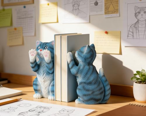 Cute Cat Bookends for Shelves, Heavy Duty Bookends, Decorative Bookends for Kids Books, Non-Skid Design, Blue Cat Statue Enthusiasts Gifts - color: Blue