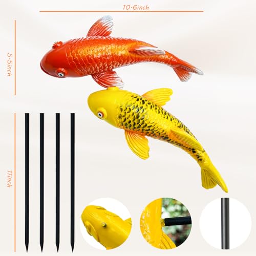 Set of 2 Koi Fish Garden Stakes, Red & Gold Resin Sculptures, Weatherproof Outdoor Patio Pond Decor, Feng Shui Yard Art, Easy Setup Gift(B&Y) - color: B&y