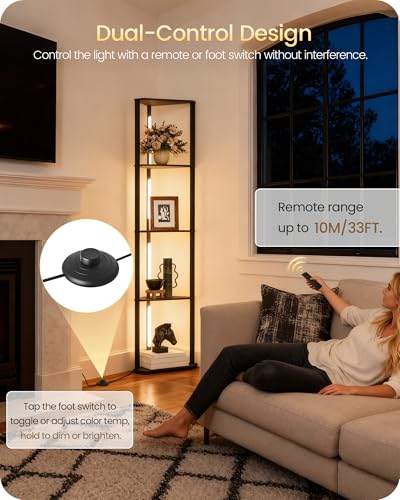 63.4” Display Shelf with Light, Modern Corner Floor Lampe with Shelves, LED Dimmable Standing Lamp with Remote for Living Room, Bedroom, Office, Adjustable CCT, Black Triangle B55LD05 - color: Black Triangle