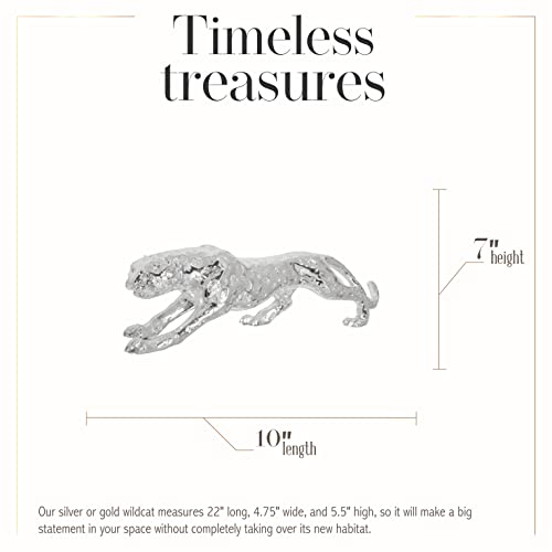 Standing Gilt Leopard Statue, Prowling Pose, Hand-Cast Ceramic/Resin, 22 Inches Long, Silver