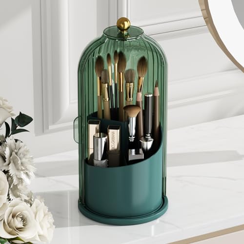 GAXmi Makeup Brush Holder with Lid Cosmetic Tools Organizer 360 Rotating Waterproof Dustproof Beauty Brushes Storage for Vanity, All Green | with Lid, 360 Rotating, Waterproof, Dustproof, for Vanity - color: Green