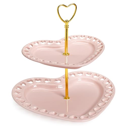 Paris Hilton 2-Tier Heart Serving Tray, Iconic Ceramic Stoneware with Metal Handle, Easy Assembly for Stylish Display, 9-Inch and 7-Inch Plates, Pink