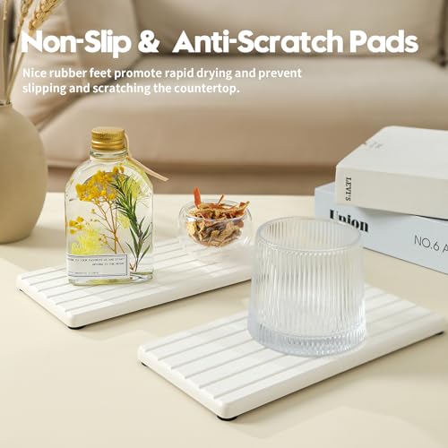 Razborci 2PCS Water Absorbing Stone Drying Tray Mat For Bathroom Sink & Kitchen Counter Faucet Organizer Decor, Quick Dry Dish Soap Dispenser Sponge Holder, Vanity Sink Caddy Bar Coaster,White-8"*3.8" - color: 2pcs - 8"x 3.8" - White