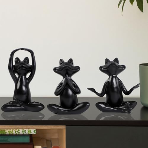 Suoedd Black Frog Figurines Yoga Decor Set of 3 –Frog Yoga Statues for Modern Living Room Table Office Bookshelf Shelves Home Sculptures Decor - color: Black Frog-3