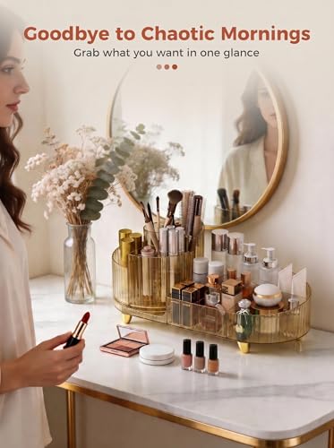 Booklov Rotating Makeup Organizer for Vanity, Large Capacity Cosmetic Display Case, Clear Acrylic Countertop Beauty Storage Holder for Skincare, Brush Eyeshadow Lipstick, Counter Desk, Crystal Amber - color: Crystal Amber, size: L01