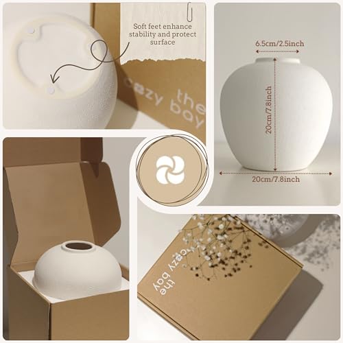 White Ceramic Vase 7.9 inch Round Minimalist Leak-Proof Vases for Flowers with Soft Pads, Modern Farmhouse Decor for Living Room