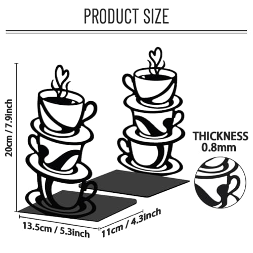 WADORN 1 Pair Coffee Cup Metal Decorative Bookend for Shelves, Heavy Duty Book Ends Non-Skid Books Holder Stand Black Book Support Stopper for Coffee Books Desk Bookshelf Office Home, 5.3x4.3x7.9 Inch - color: Coffee Cup