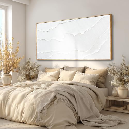 Contemporary White Abstract Hand-drawn Wall Art with Framed Large Canvas Ocean waves Painting for Living Room Bedroom Above Couch Decor 29"x58" - color: White, size: 58"L x 29"W