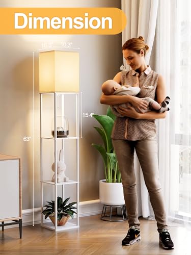 Floor Lamp with Shelves for Living Room White, Shelf Floor Lamp with 3 CCT LED Bulb, Corner Display Standing Column Lamp Etagere Organizer Tower Nightstand with White Linen Shade for Bedroom, Office - color: White