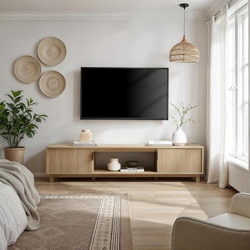 Walker Edison Arundo Fluted TV Stand for TVs up to 80 Inches, 70" TV Stand, Coastal Oak - color: Coastal Oak, size: 70" TV Stand