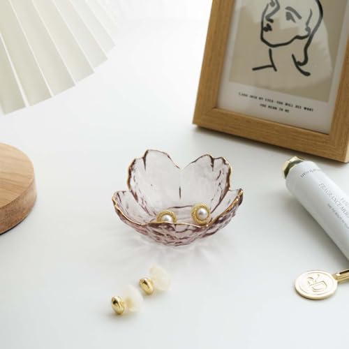 Pink Flower Jewelry Ring Dish Tray,Decorative Glass Trinket Dish,Room Decor Aesthetic, Modern Accent Tray for Vanity(Pink Gold Border) - color: Pink Gold Border