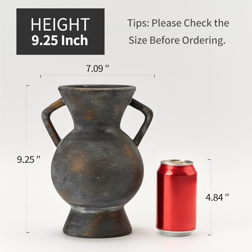 LUKA Antique Ceramic Vase with 2 Handle,9.25 inches Rustic Vase Minimalist Decor, Decorative Vases for Home Decor, Table, Living Room, Shelf, Christmas Decoration(Large,Black and Gold) - color: L-black and Gold(9.25 In)